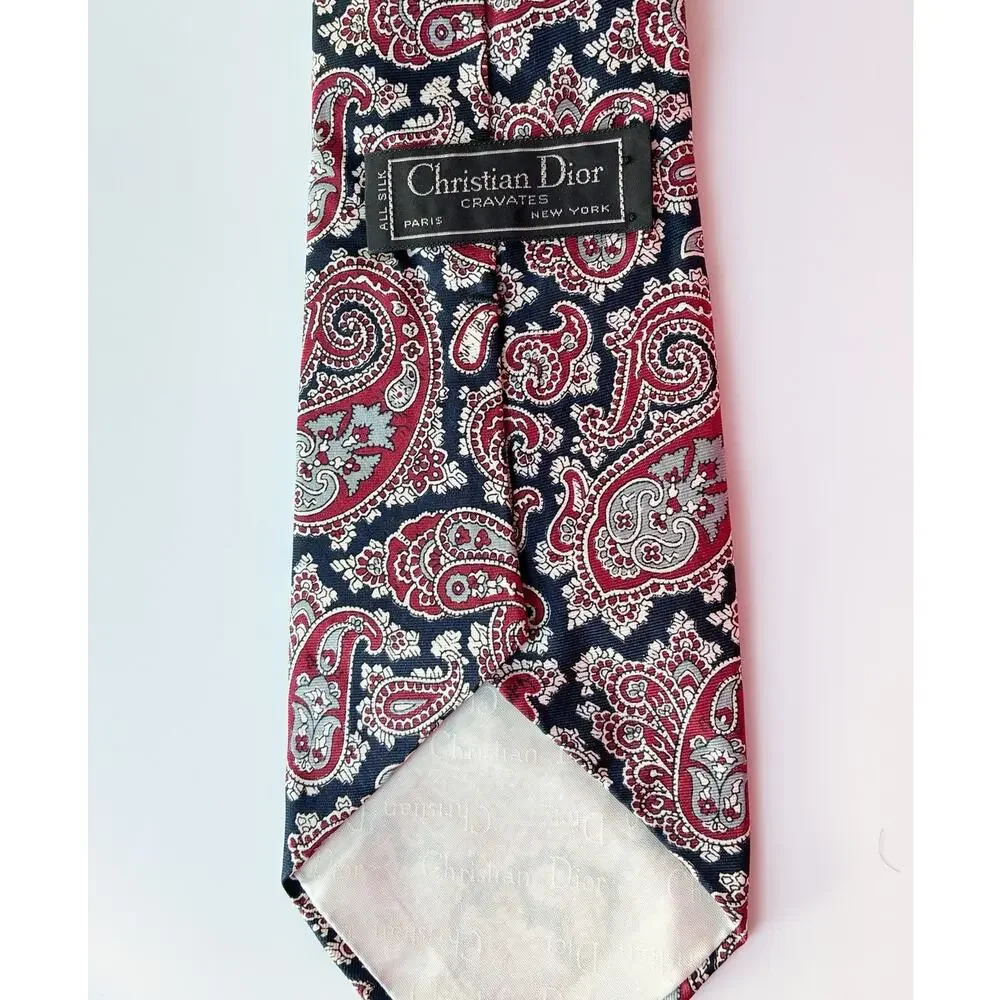 Christian Dior Cravates Mens Silk Necktie Paisley Brocade Burgundy Navy